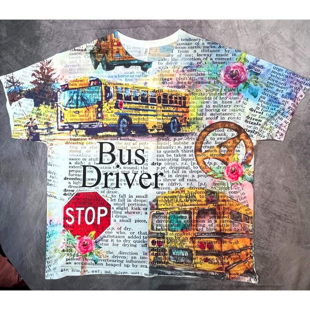 Jerzees T-Shirt Unisex XL White School Bus Driver Graphic Print Crew Neck Tee